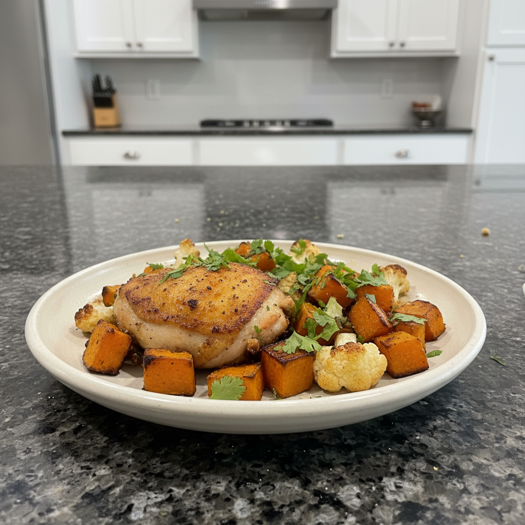 Golden sheet pan chicken with butternut squash and cauliflower on a baking sheet.