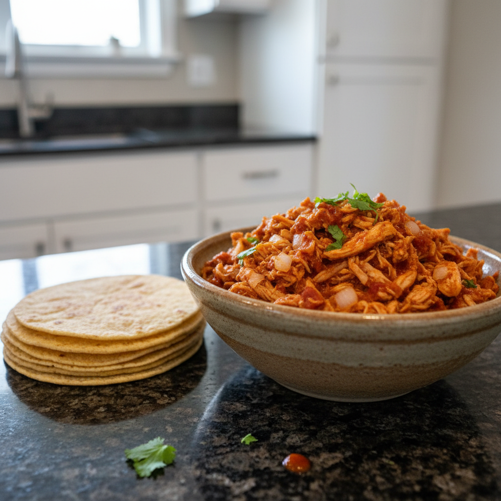 A vibrant plate of slow cooker chicken tacos with shredded chicken, fresh cilantro, red onion, and lime wedges, ready to eat.