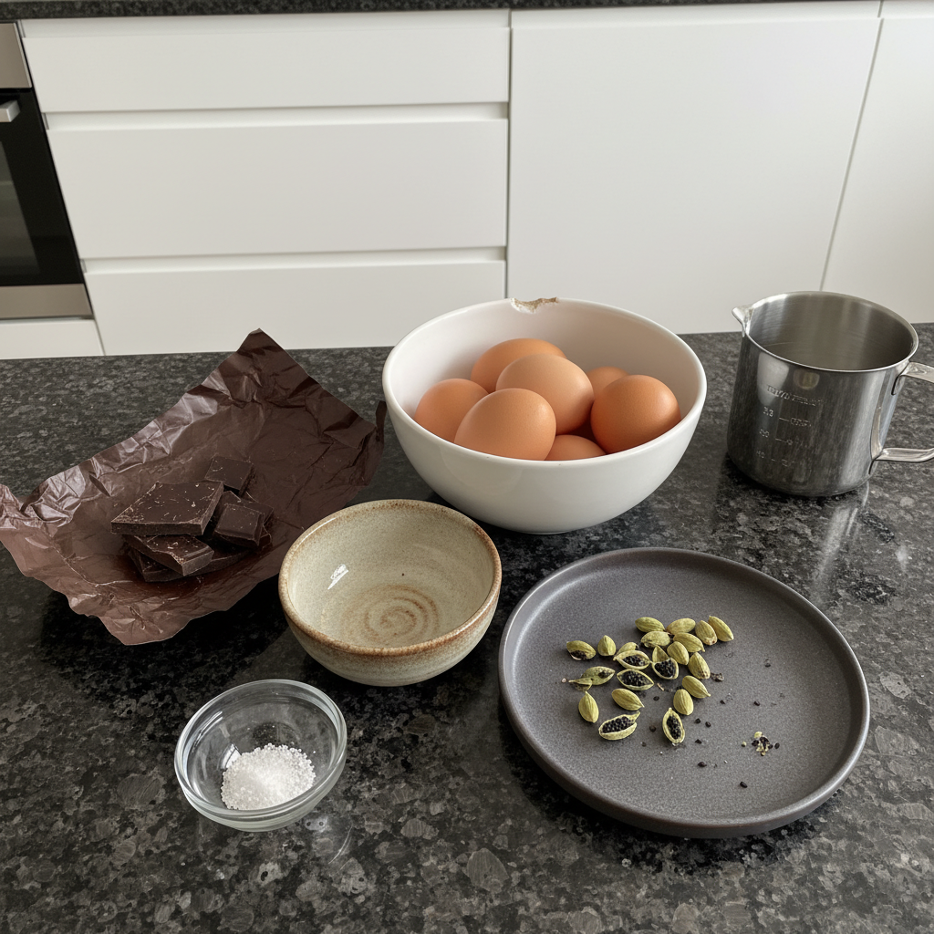 Ingredients for spiced chocolate cardamom dessert recipe Valentine's Day.