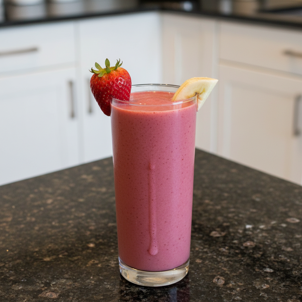 Creamy strawberry banana smoothie in a glass with fresh fruit. Perfect healthy drink.
