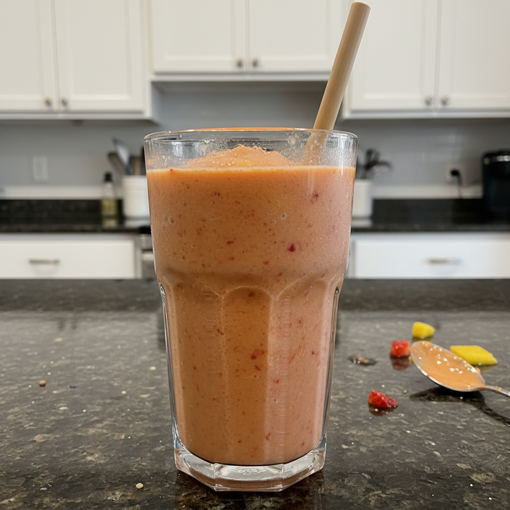 Delicious Strawberry Mango Smoothie in a glass with fresh fruit. Perfect for breakfast!