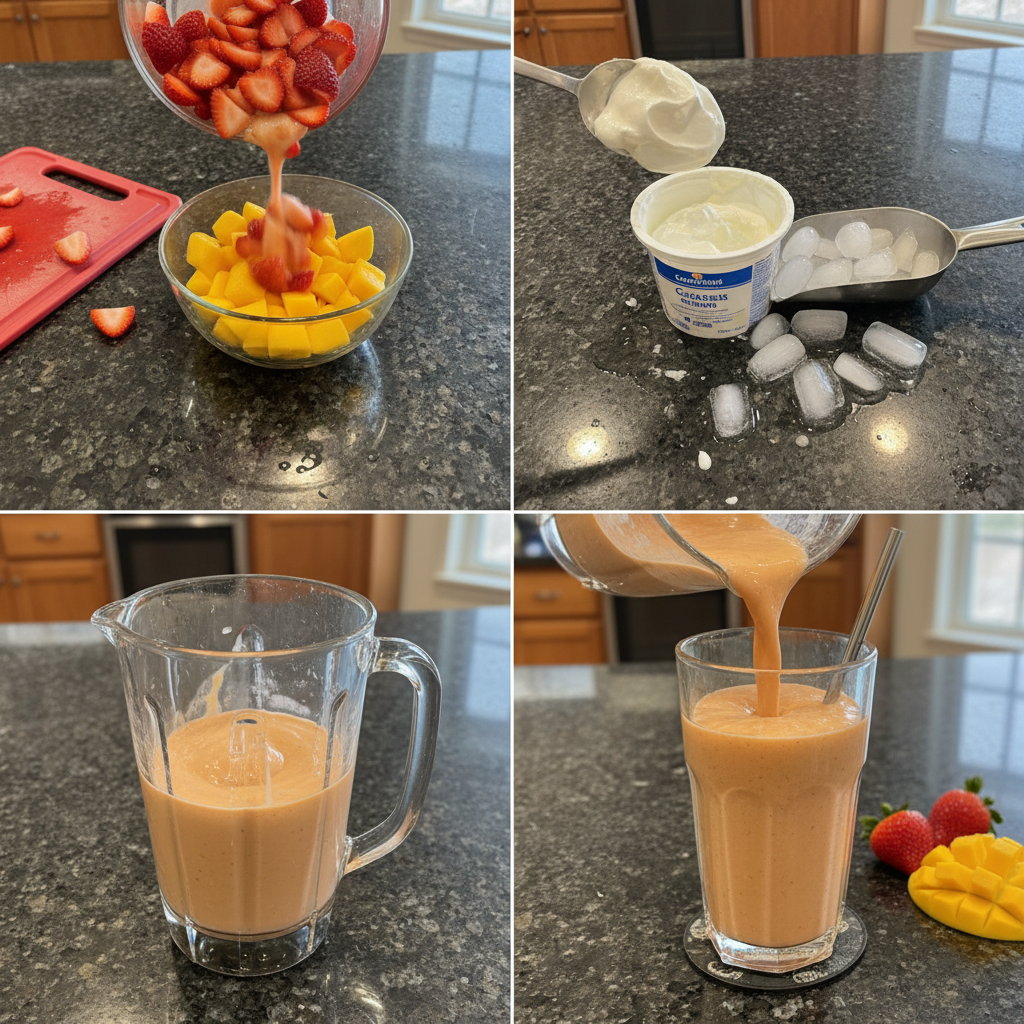 Blending a Strawberry Mango Smoothie to a perfect consistency.