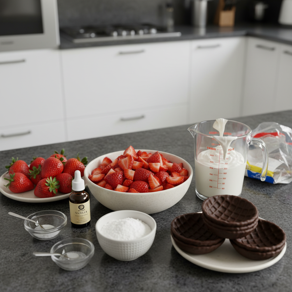Fresh strawberries and other ingredients for making strawberry mousse recipe.