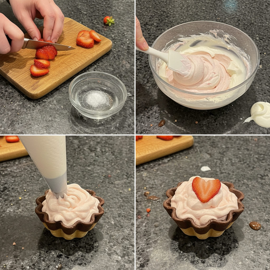 Preparing heart shaped strawberry mousse step by step.