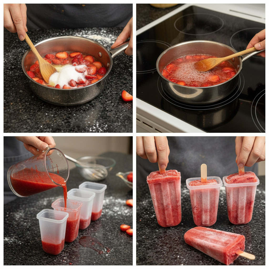 Blending fresh strawberries for homemade strawberry popsicles.