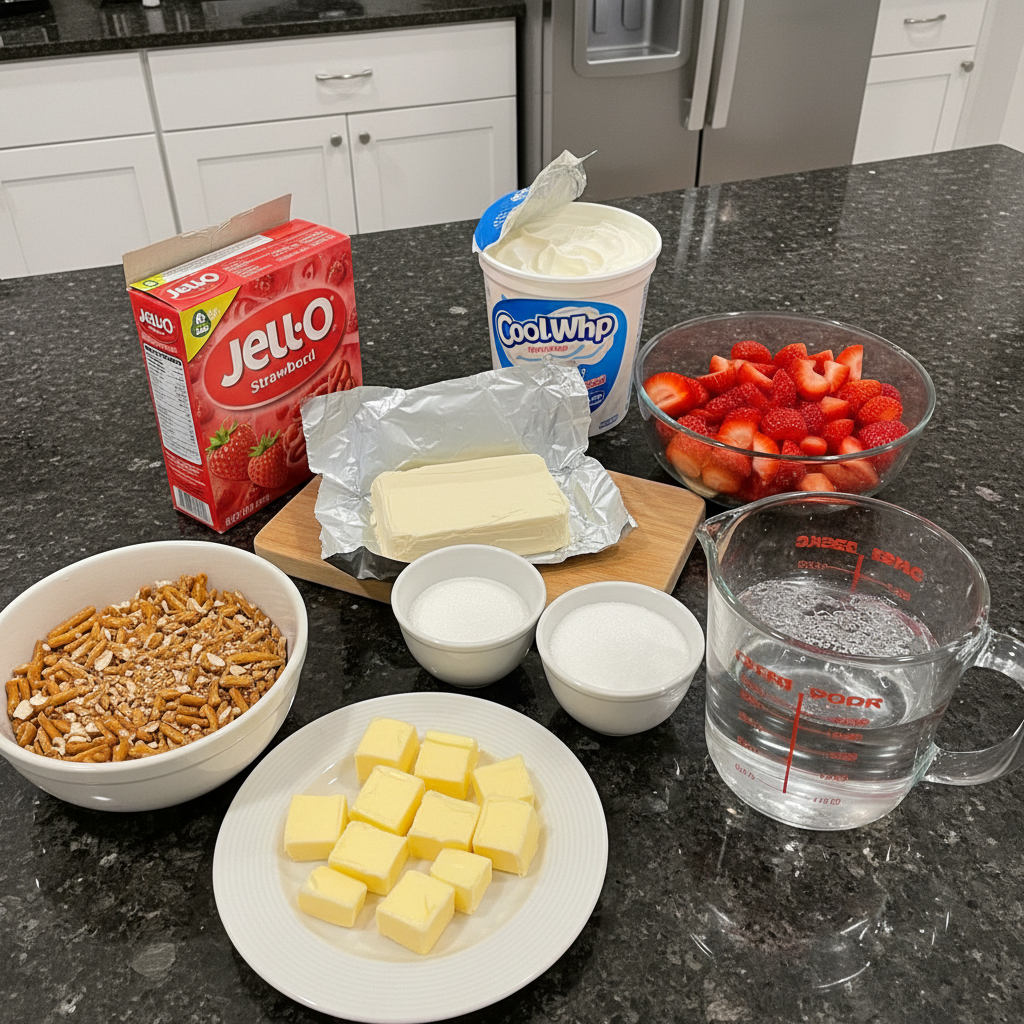 Strawberry pretzel salad ingredients: pretzels, strawberries, cream cheese.