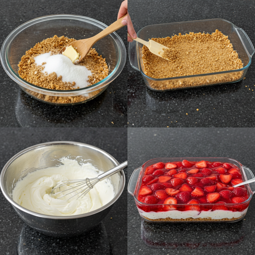 Preparing the strawberry pretzel salad crust in a baking dish.