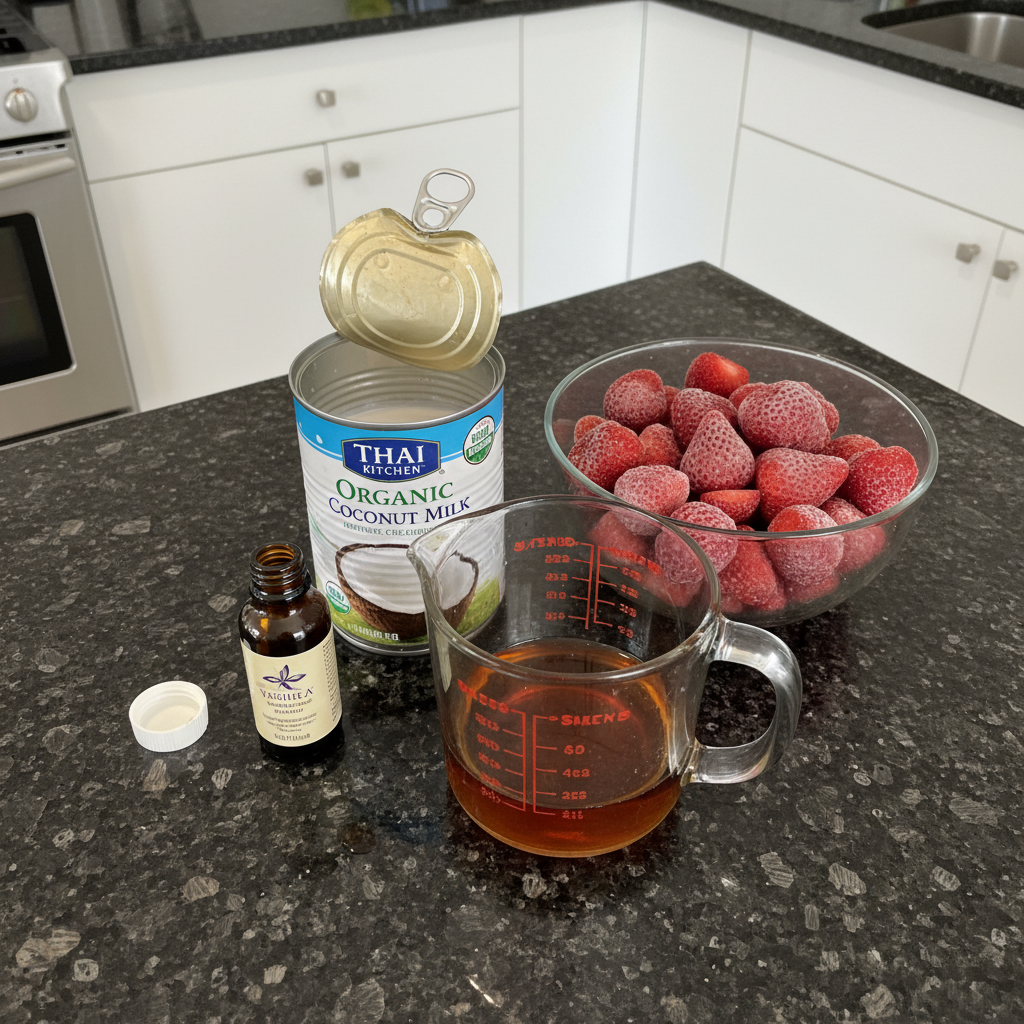 Fresh strawberries and plant-based milk, the vegan milkshake recipe ingredients.