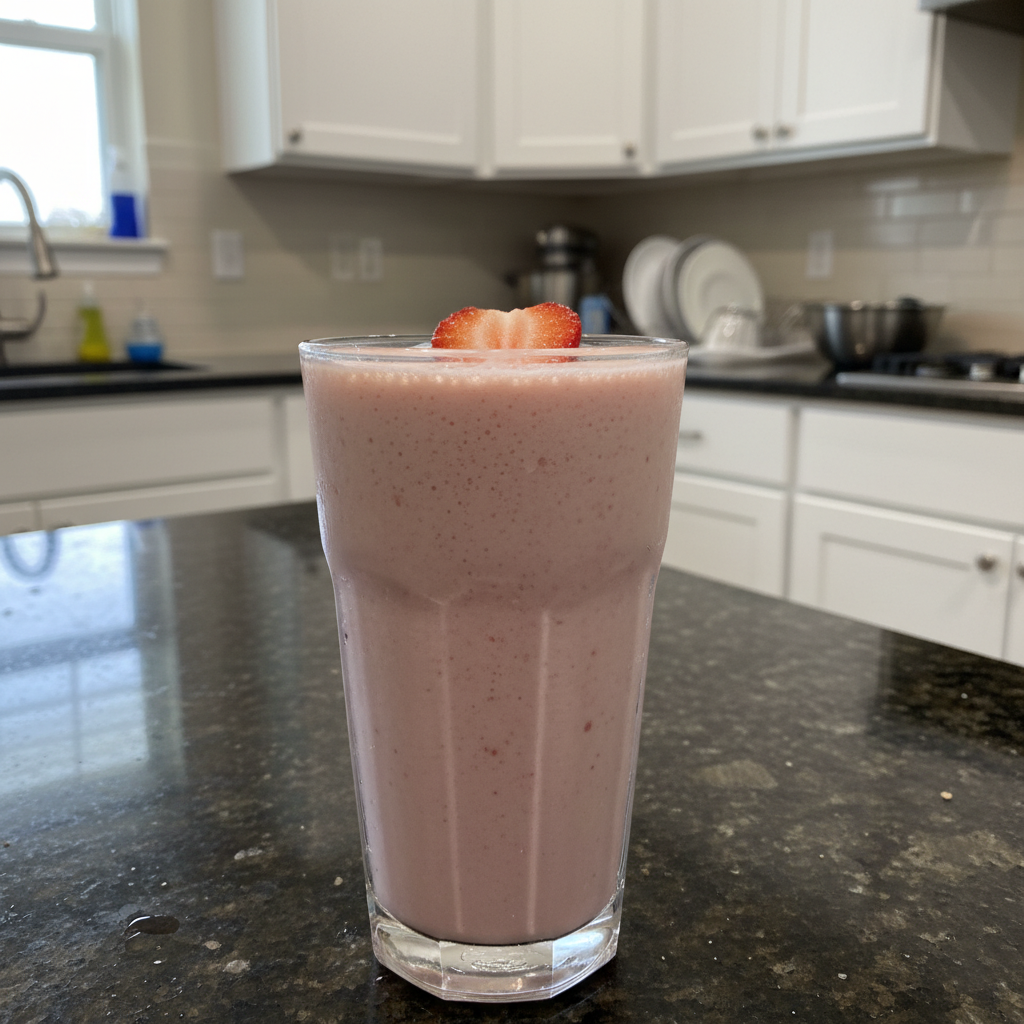Creamy strawberry vegan milkshake in a glass with fresh strawberries, ready to drink.
