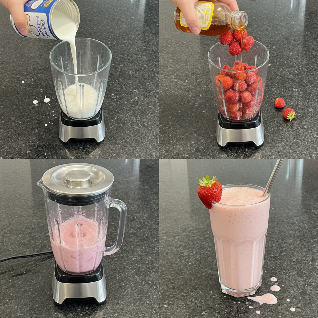 Blending strawberries and milk for a homemade strawberry vegan milkshake.
