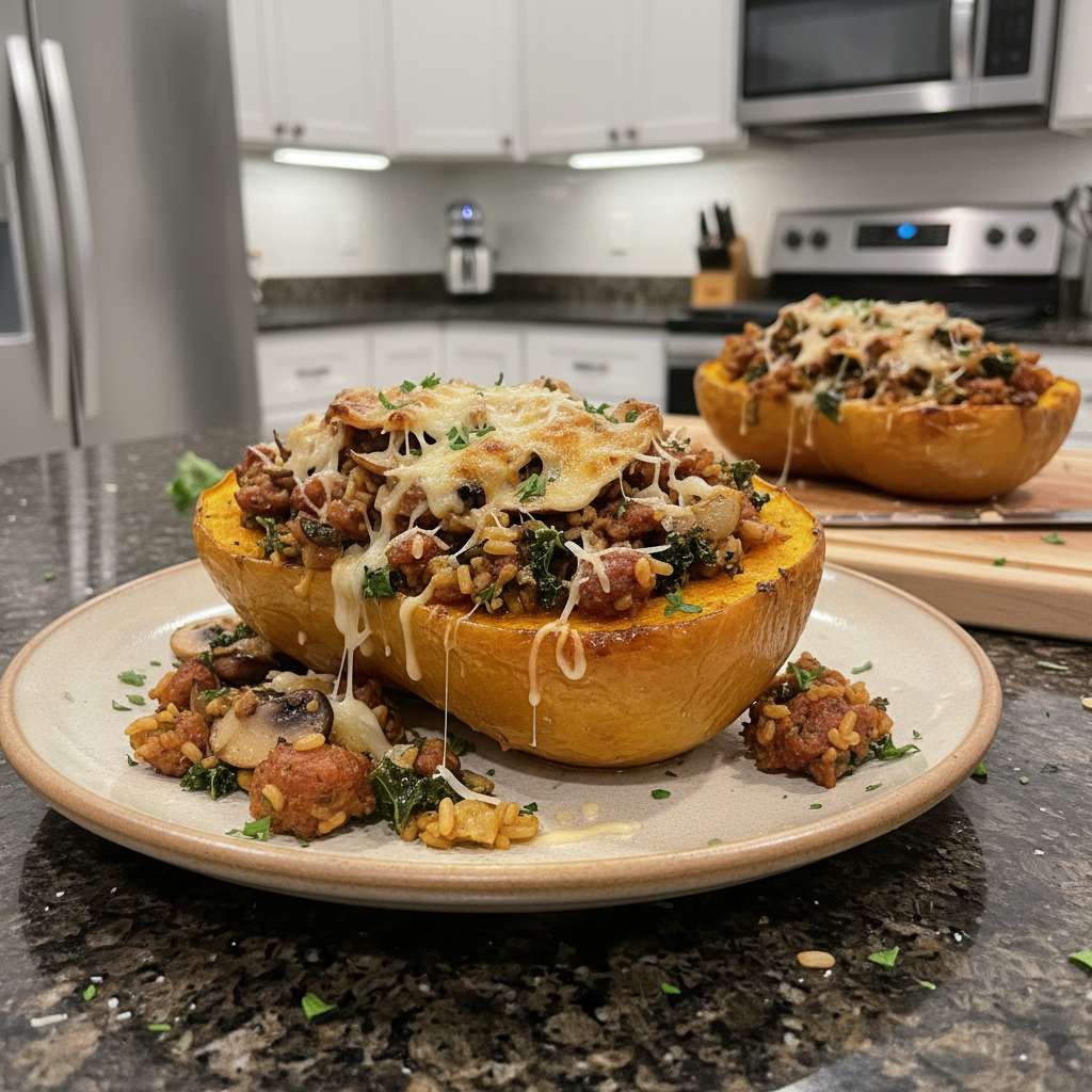 Golden stuffed butternut squash halves filled with a savory mixture.