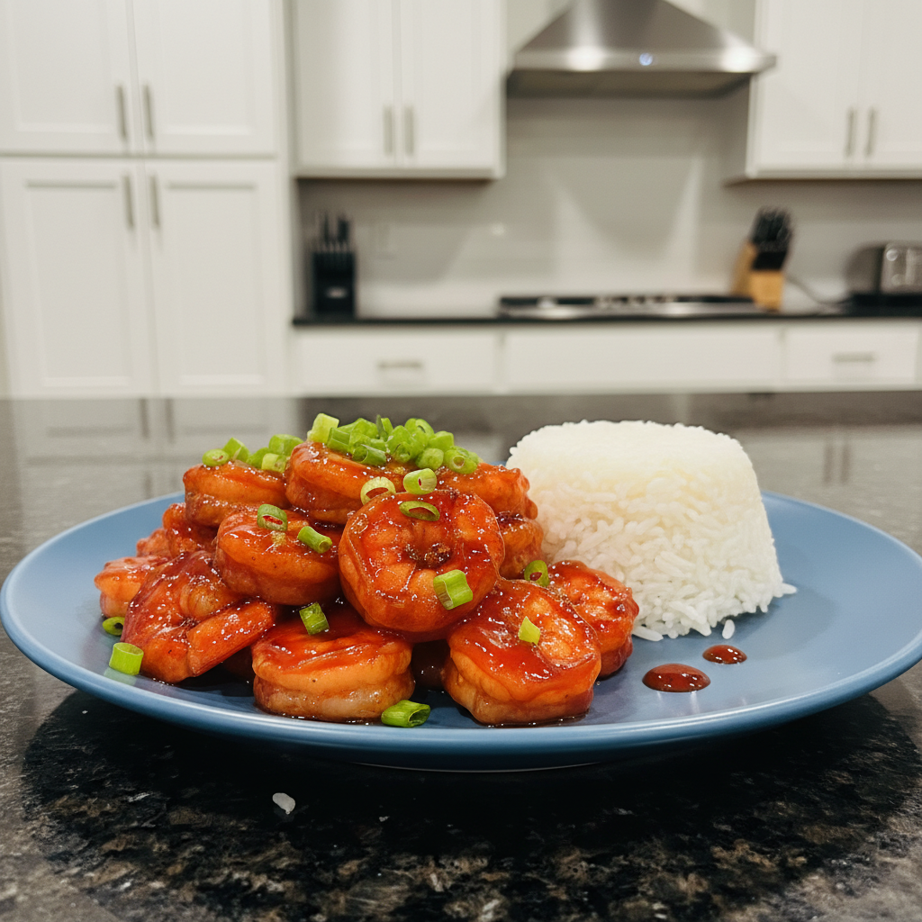 Delicious sweet and sour glazed shrimp dish, ready to eat.