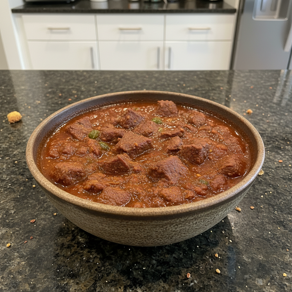 A hearty bowl of Texas-Style Chili, rich red, topped with shredded cheddar cheese and fresh jalapeño slices.