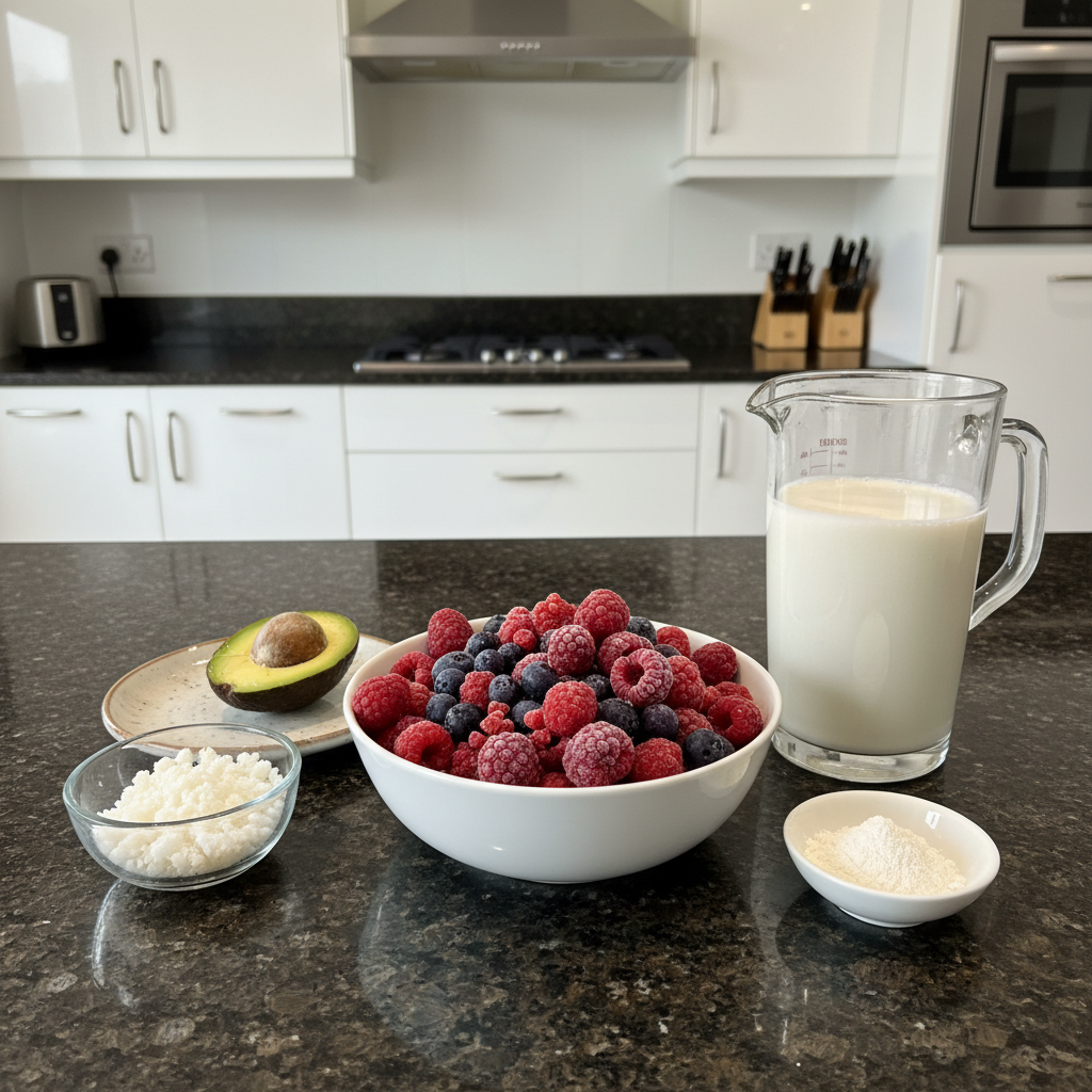 Keto smoothie bowl ingredients including berries, nuts, seeds, and coconut milk.