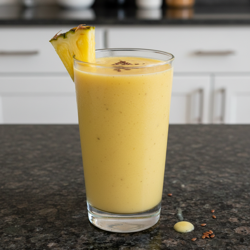 Vibrant tropical pineapple banana smoothie in a glass with fruit garnish.