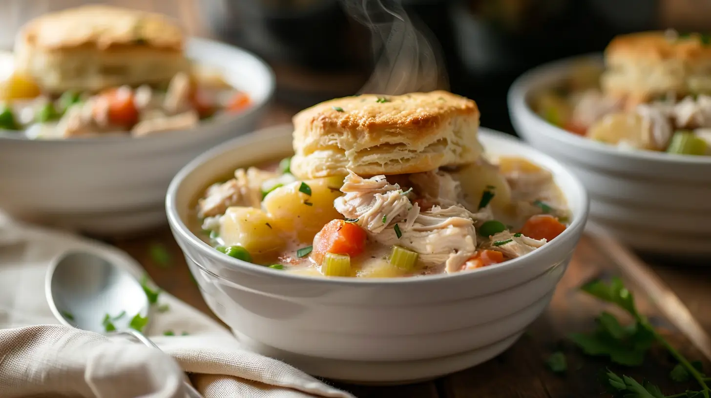 Hearty slow cooker chicken pot pie served in white bowls with creamy shredded chicken, diced potatoes, carrots, celery, and mixed vegetables topped with golden flaky biscuits, steam rising from a rustic wooden table setup