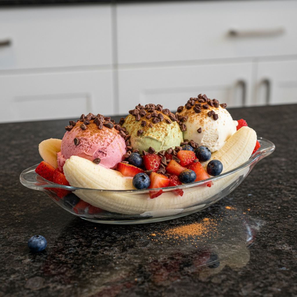 Delicious vegan banana split with creamy non-dairy ice cream, fresh fruit, and chocolate sauce.