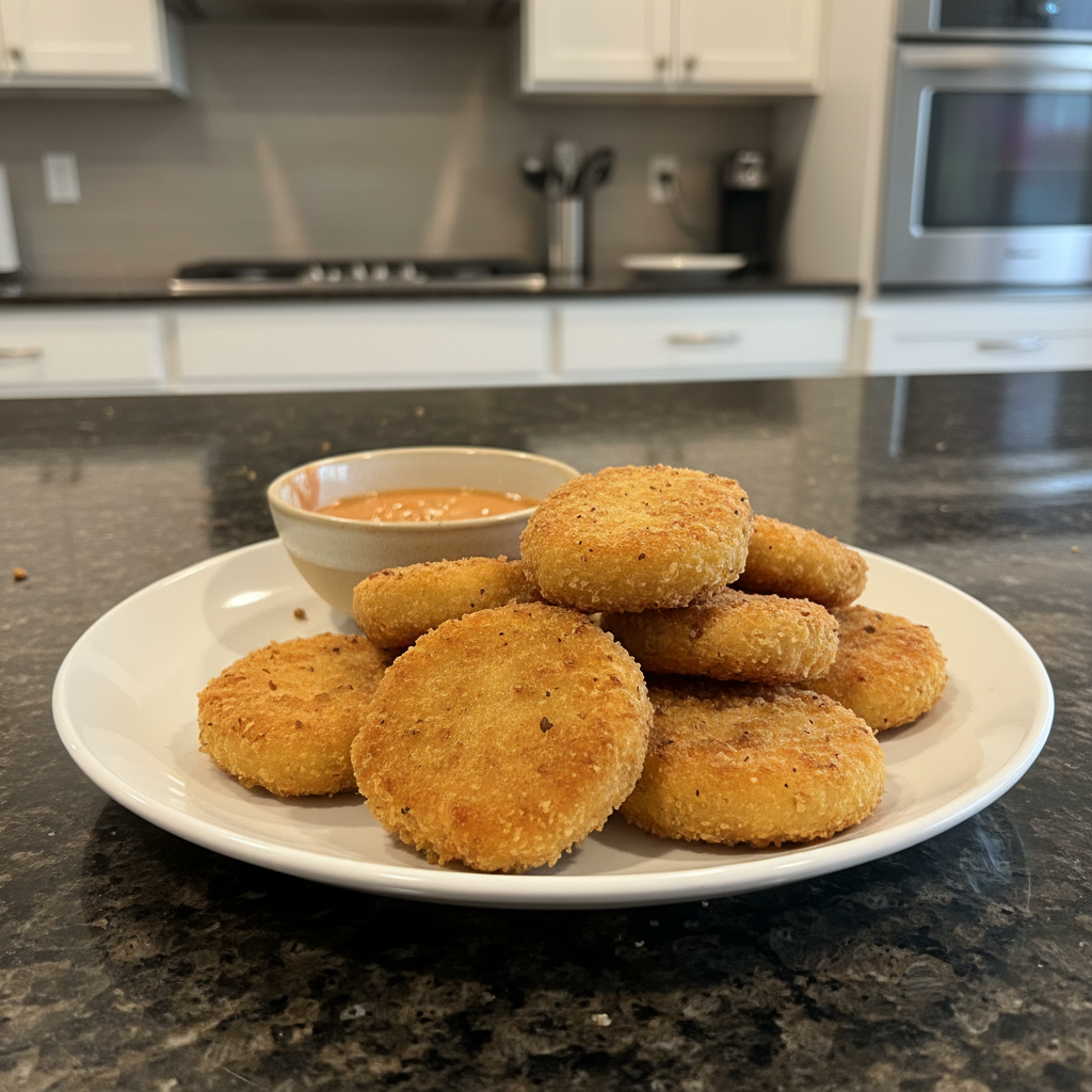 Crispy, golden vegan chicken nuggets served with dipping sauce.