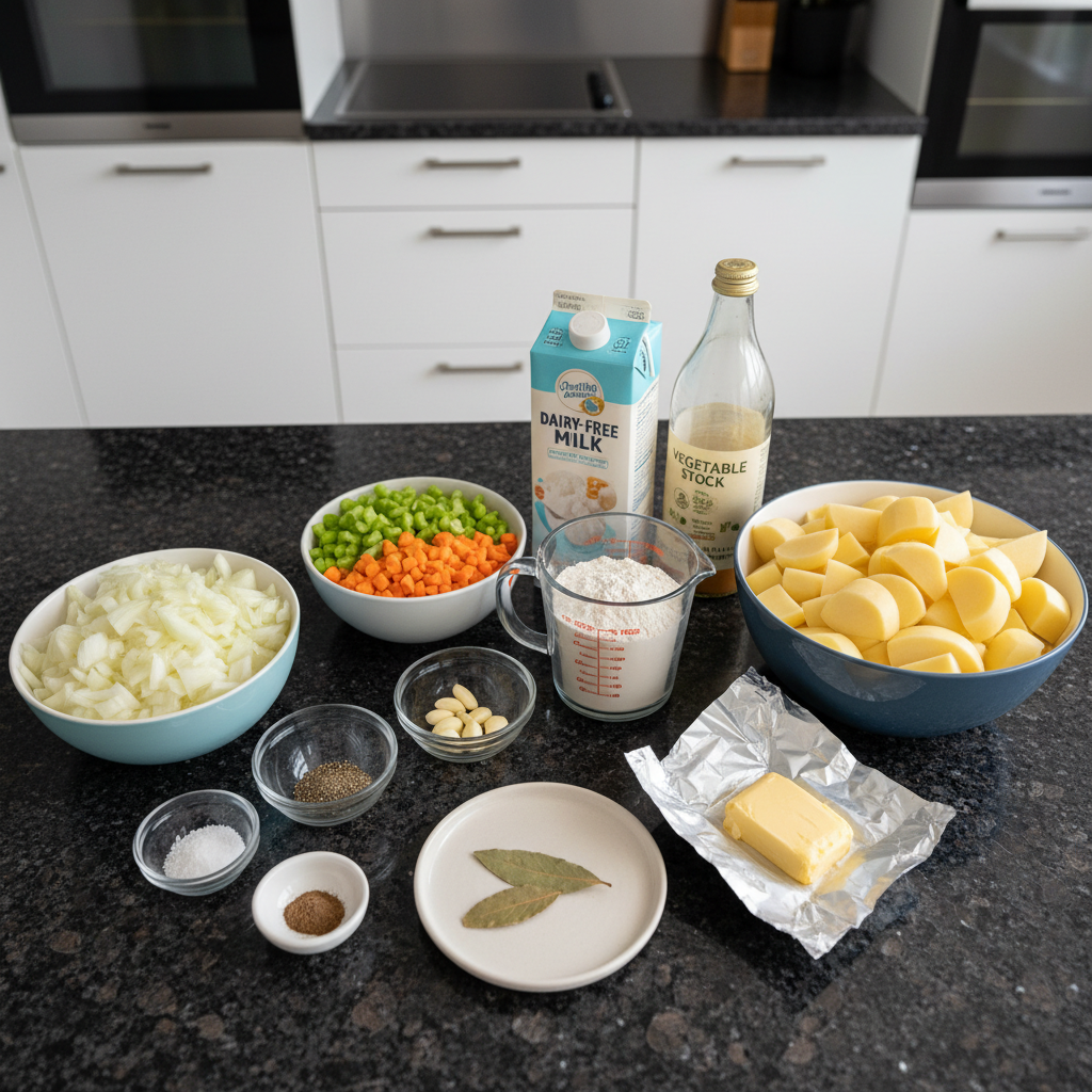 A colorful array of fresh ingredients for making delicious potato soup.