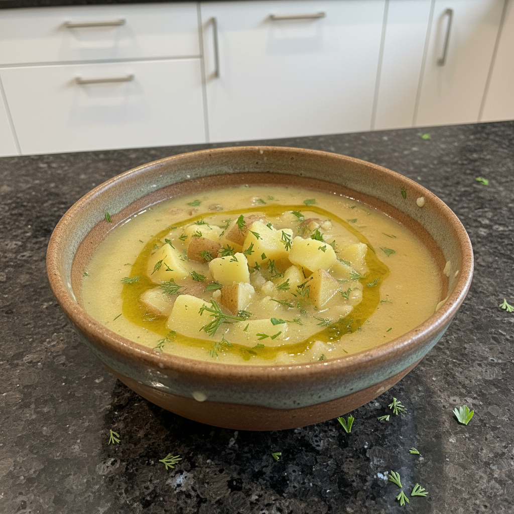 Creamy vegan potato soup in a white bowl, garnished with fresh chives.