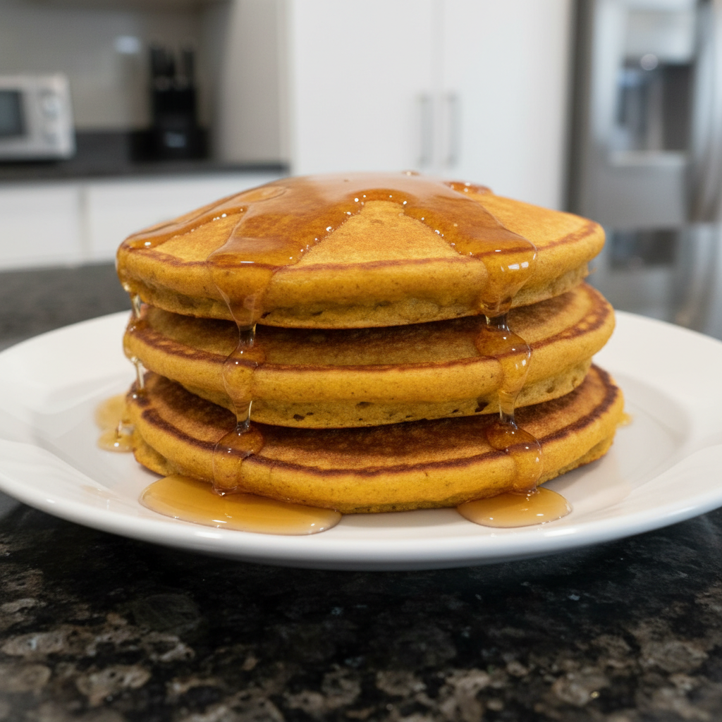 Stack of fluffy vegan pumpkin pancakes topped with pecans and syrup.