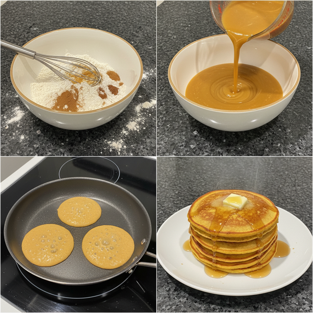 Image of pouring vegan pumpkin pancake batter onto a hot griddle.