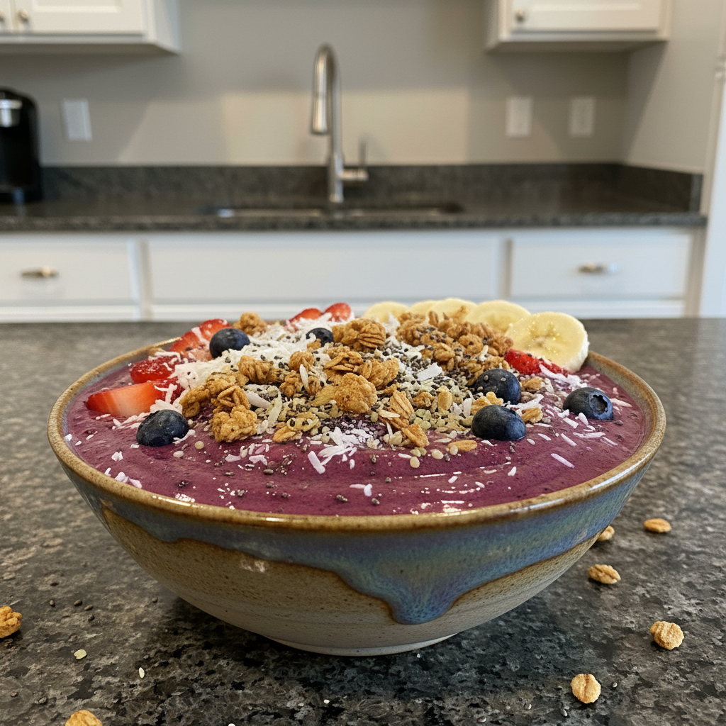 Vibrant vegan smoothie bowl topped with fresh fruit, seeds, and granola.