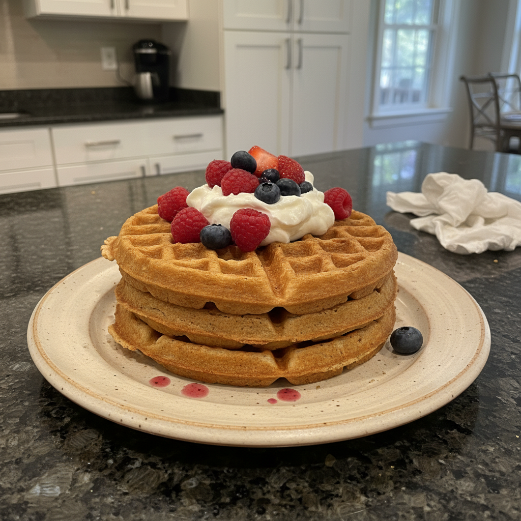 Golden vegan waffles topped with fresh berries and maple syrup, ready to eat.