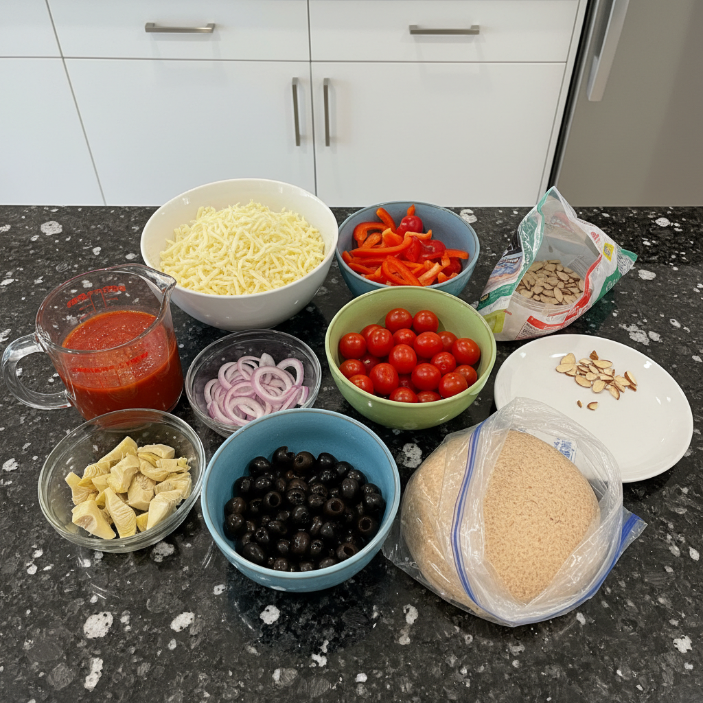 Fresh ingredients for making homemade vegetarian pizza.