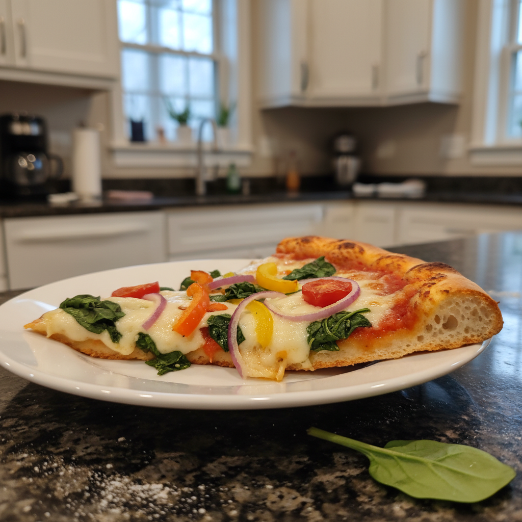 Delicious vegetarian pizza with colorful bell peppers, mushrooms, and fresh basil.