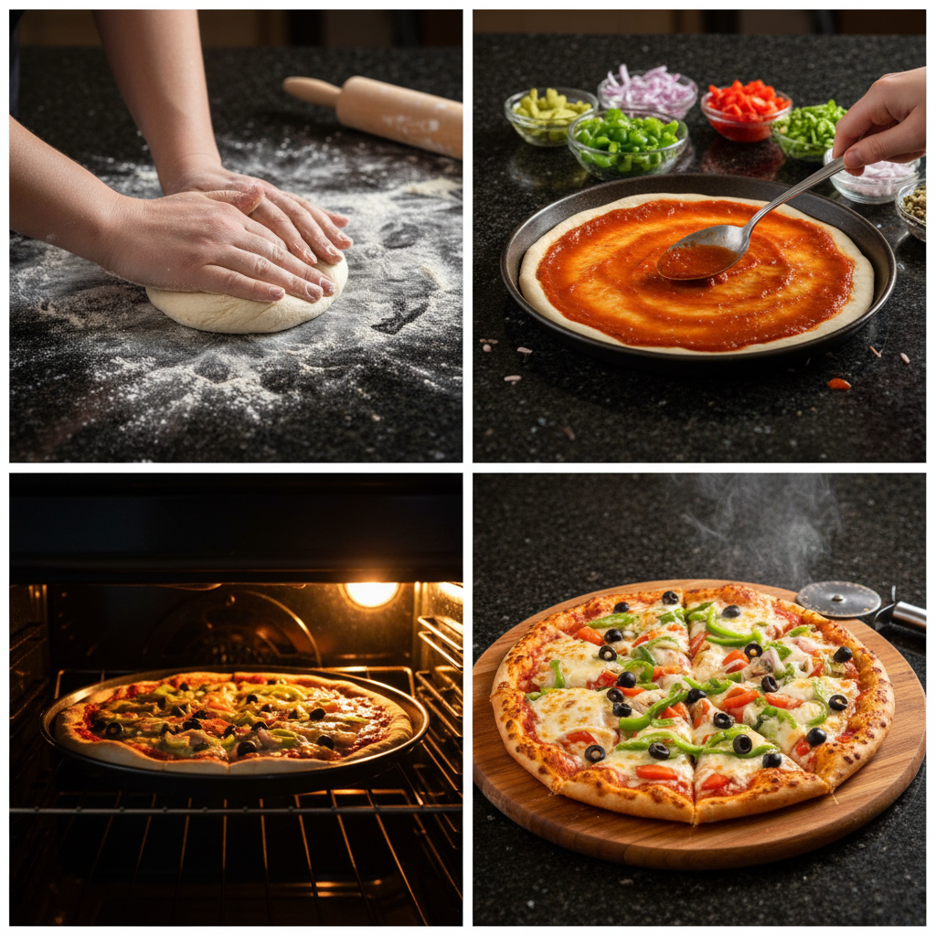 Step-by-step preparation of a homemade vegetarian pizza.