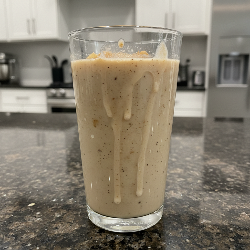 Warm Smoothie Apple Pie in a clear glass, topped with cinnamon.