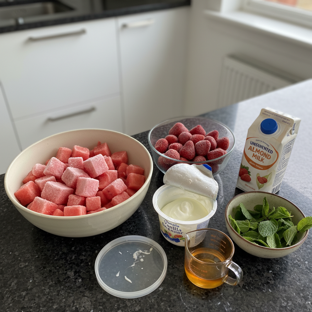 Fresh ingredients for a homemade watermelon smoothie recipe.