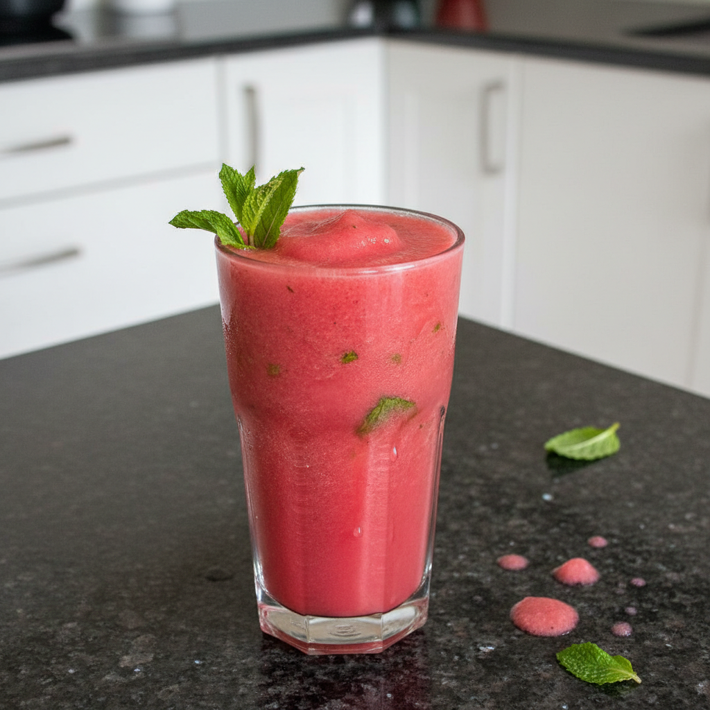 Vibrant watermelon smoothie in a glass, garnished with mint.