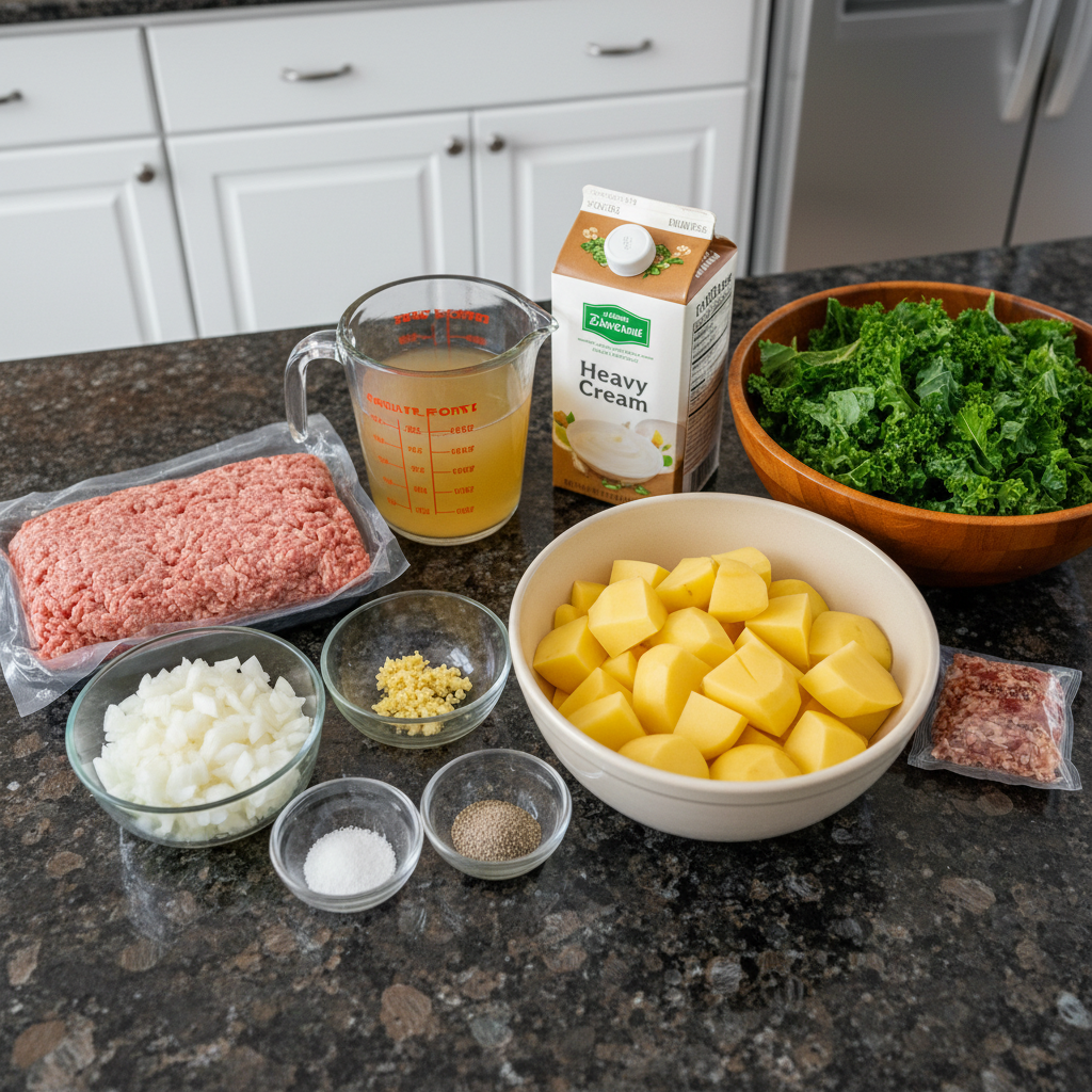 Ingredients for making zuppa toscana soup, including sausage, kale, potatoes, and broth.