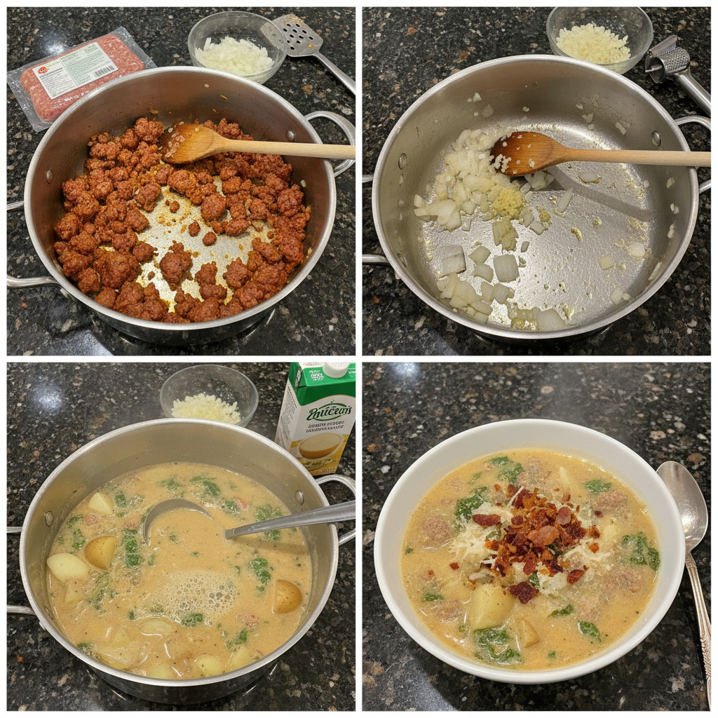 Step-by-step preparation of zuppa toscana soup in a pot on the stove.