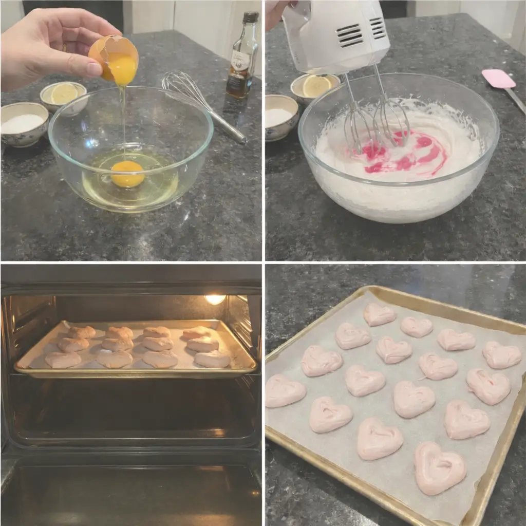 valentine-meringue-cookies-prep Piping heart shapes of Valentine meringue cookie batter onto parchment paper.