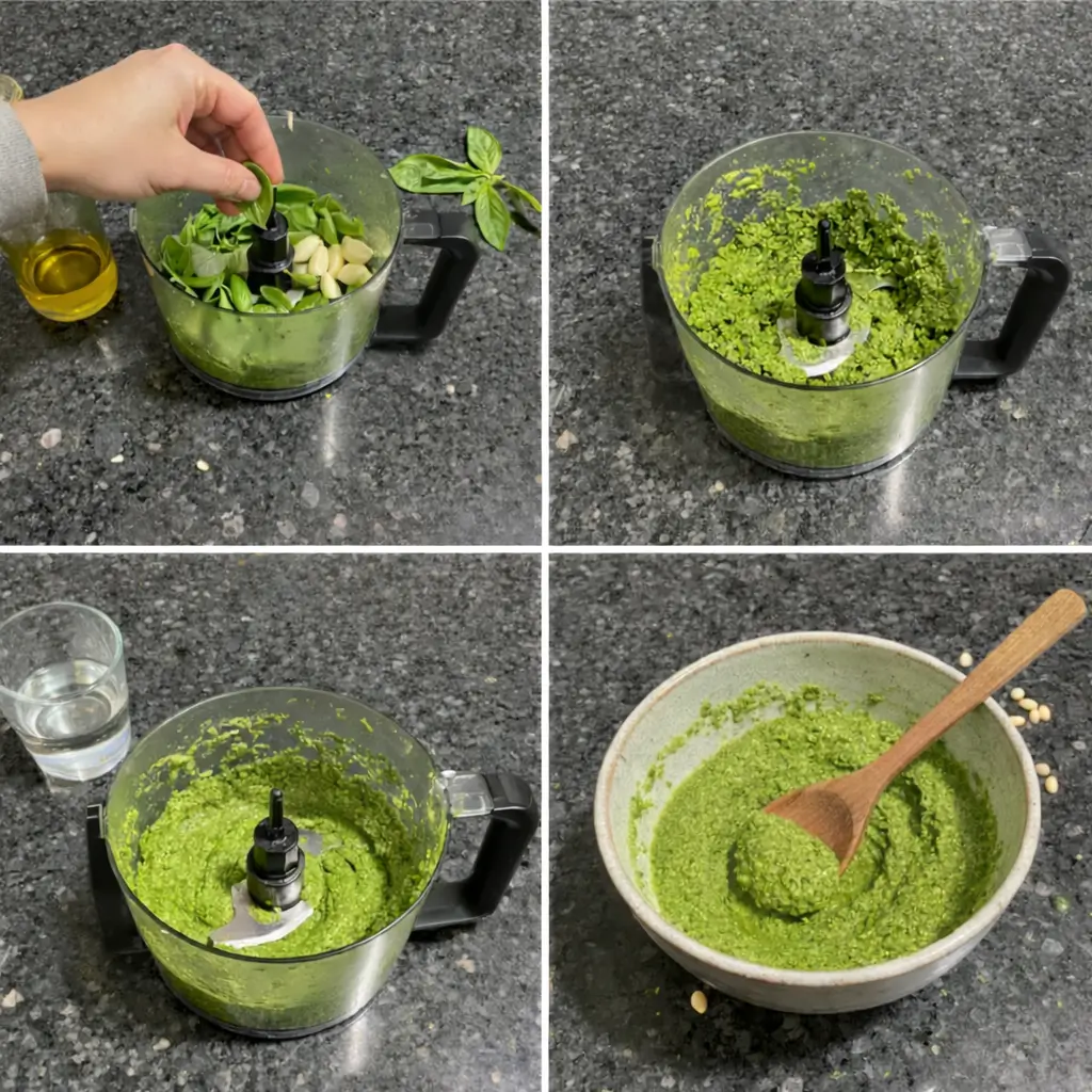 vegan-pesto-preparation Step-by-step instructions for making vegan pesto in a food processor.