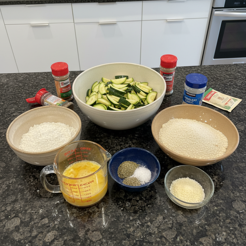 Fresh zucchini and other ingredients ready for air fryer zucchini fries.