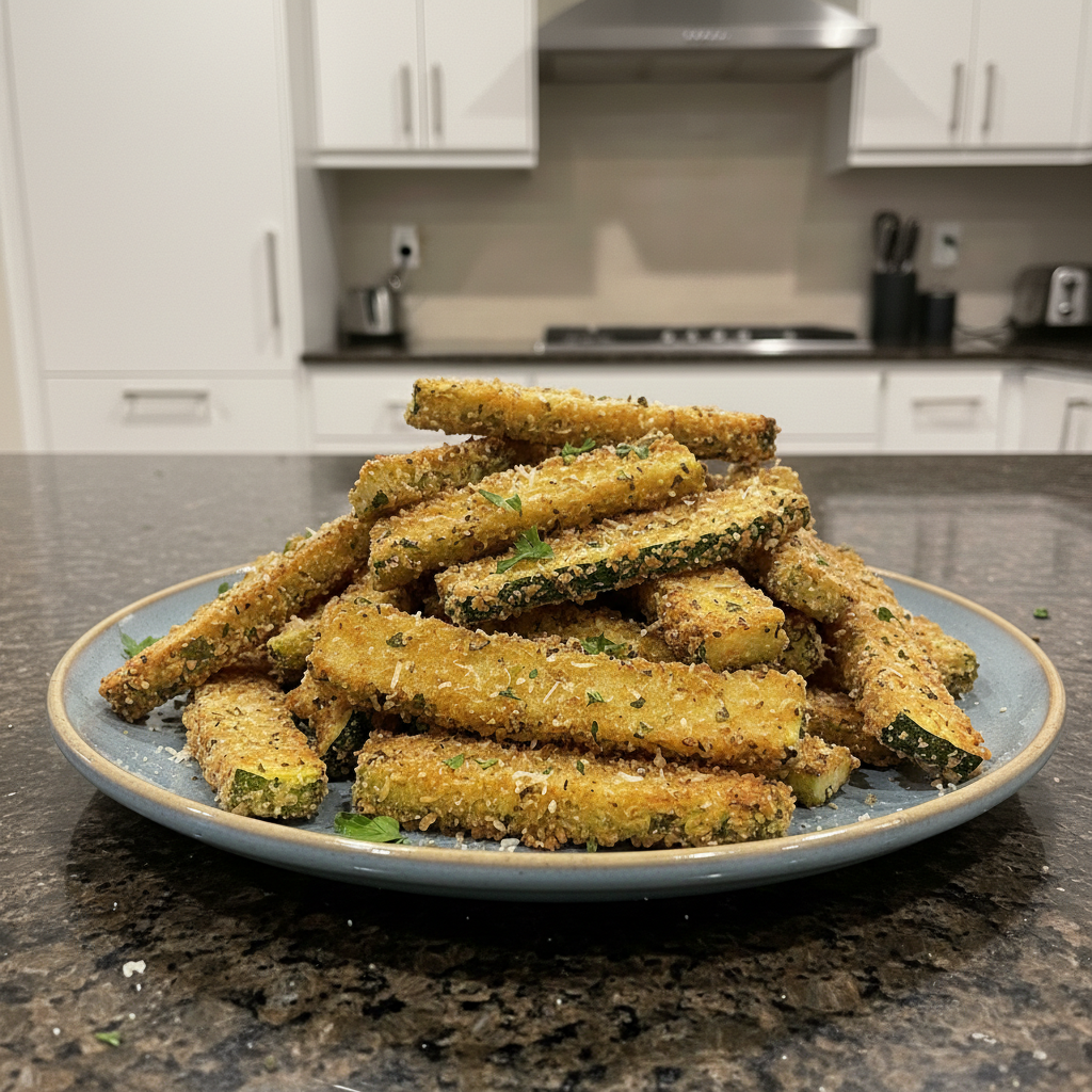 Crispy air fryer zucchini fries, golden brown and perfectly seasoned.