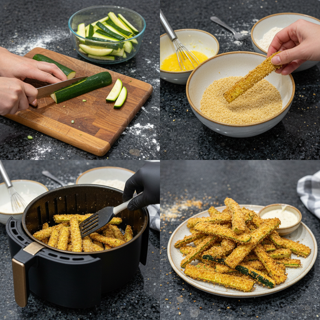 Close-up of zucchini sticks being prepped for air frying, air fryer zucchini fries recipe.