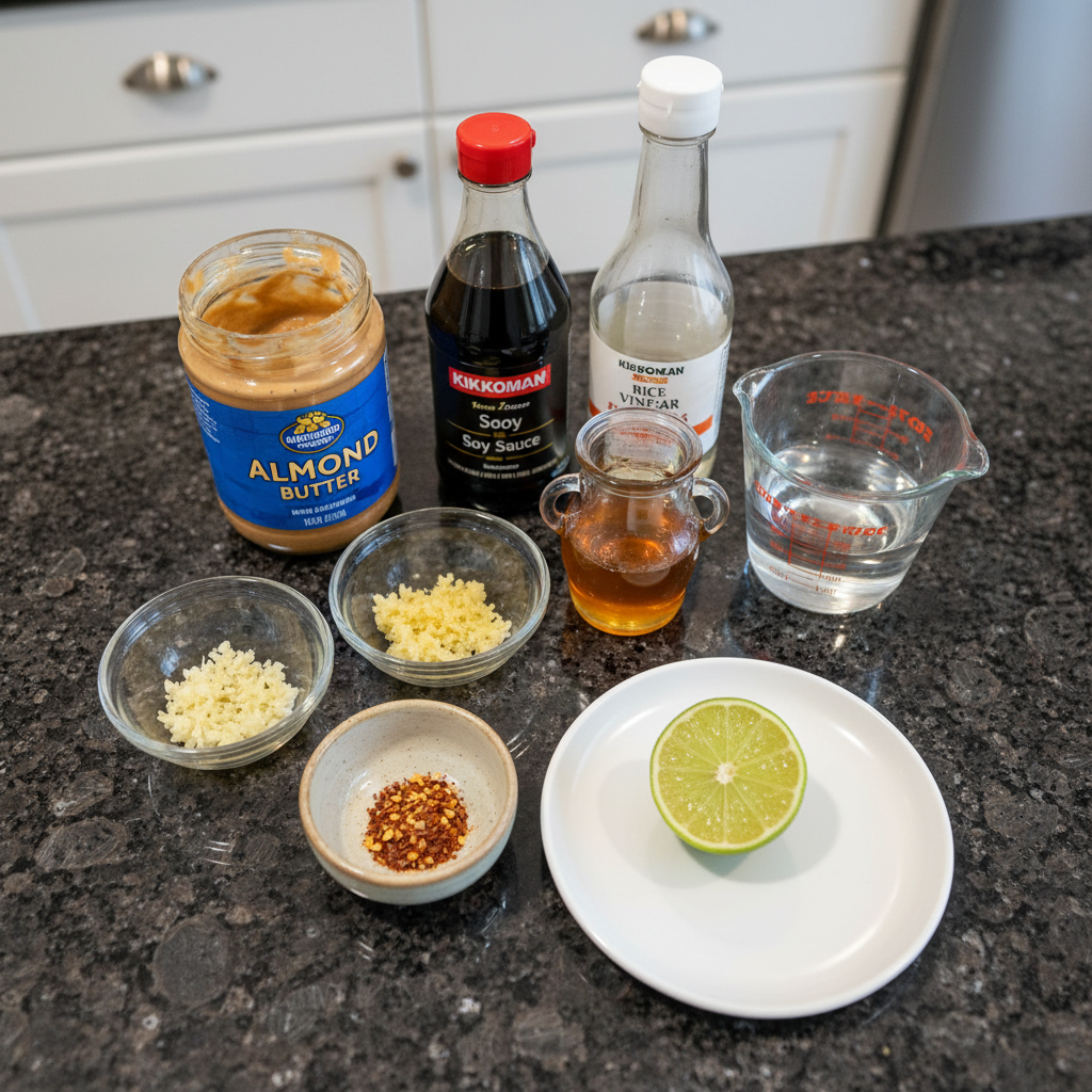 All ingredients needed for a rich almond butter sauce recipe.