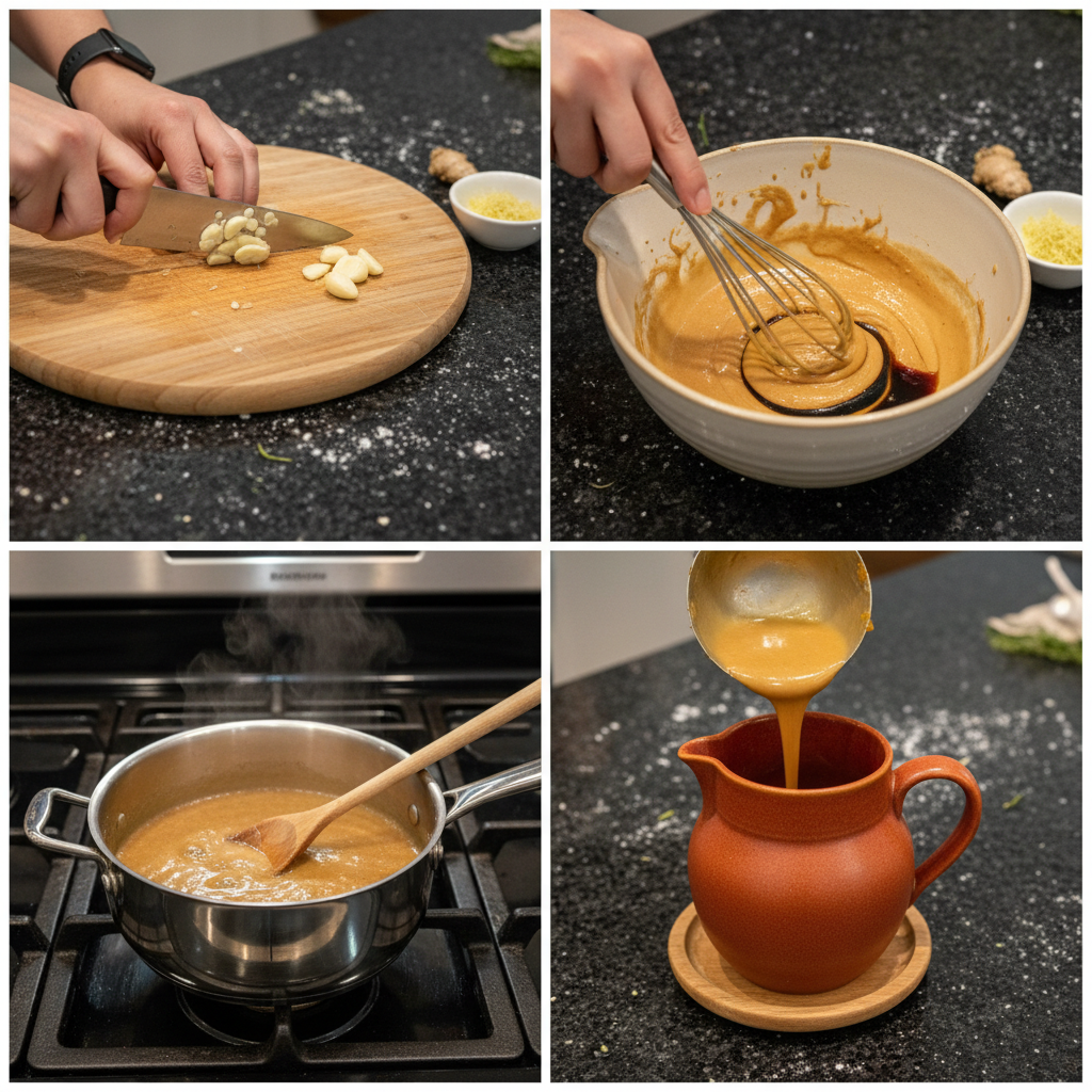 Steps for preparing homemade almond butter sauce.