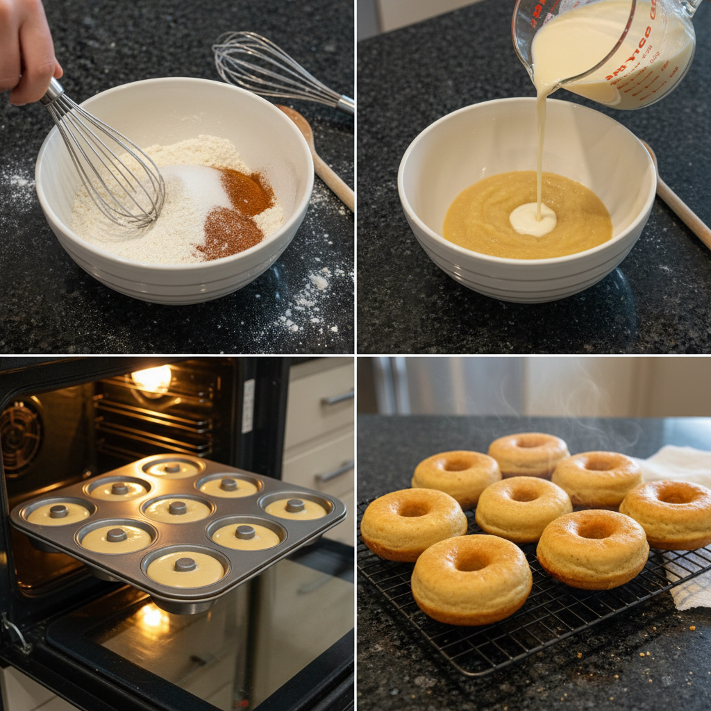 Step-by-step images of preparing apple donuts batter in a bowl.