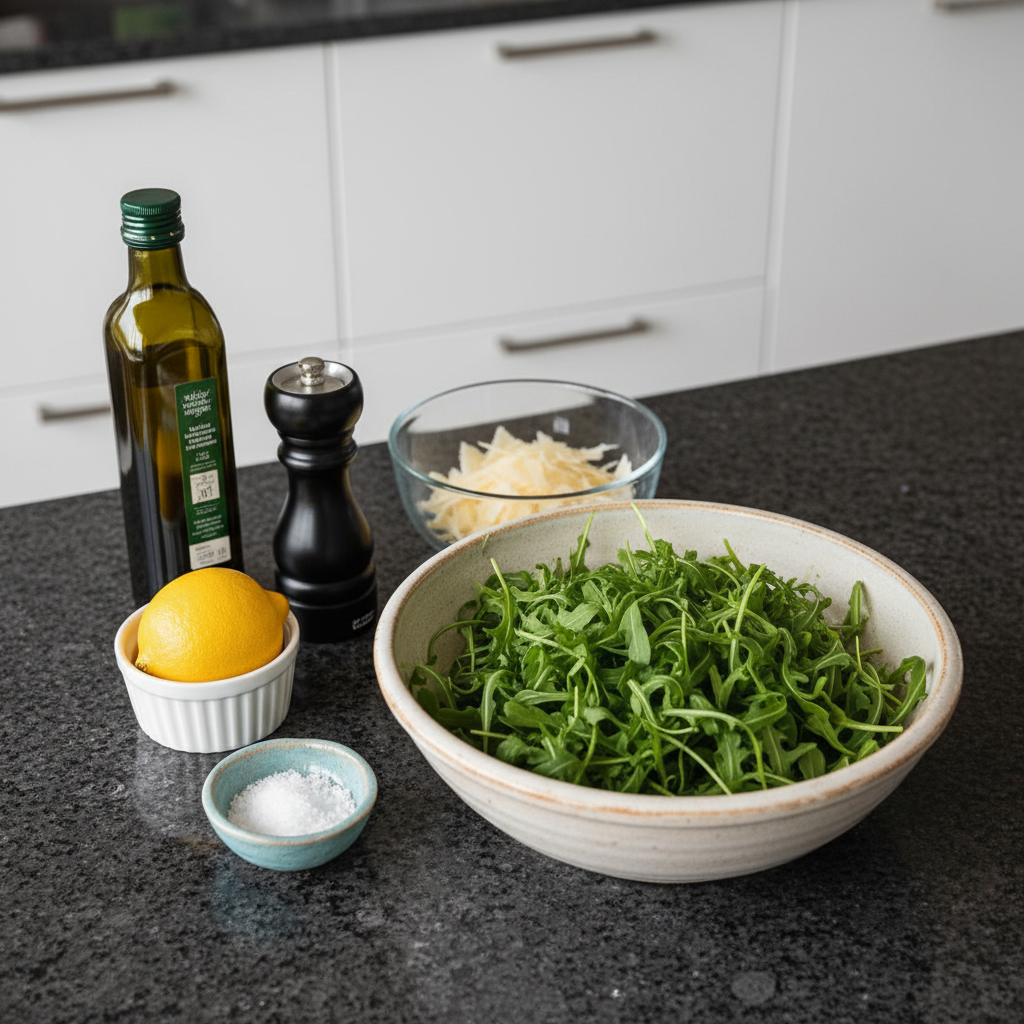 Close-up of fresh arugula salad ingredients on a wooden cutting board.