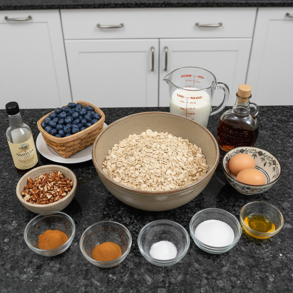 Close up of ingredients for baked oatmeal: oats, milk, fruit, spices.