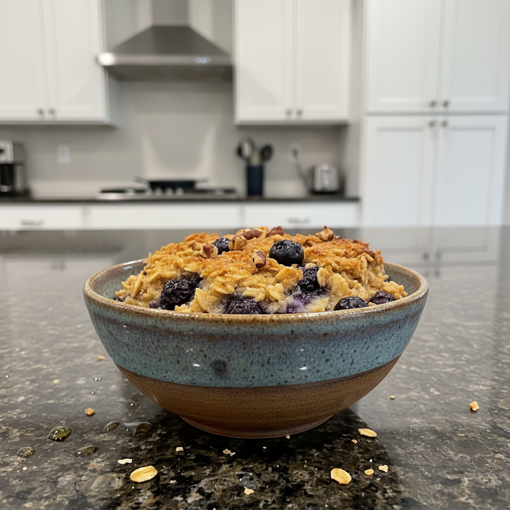 Golden baked oatmeal dish with fresh berries, ready to eat.