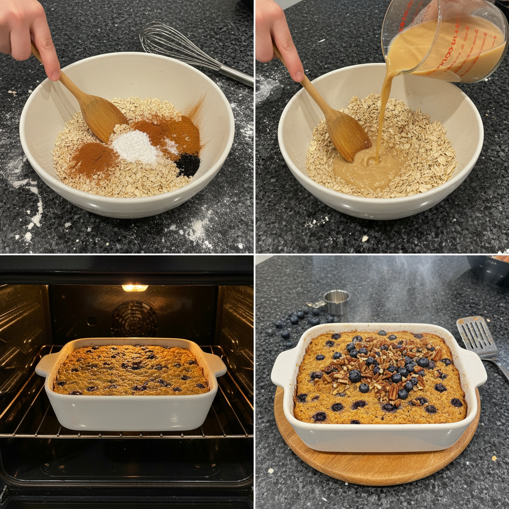 Step-by-step preparation of baked oatmeal in a kitchen setting.