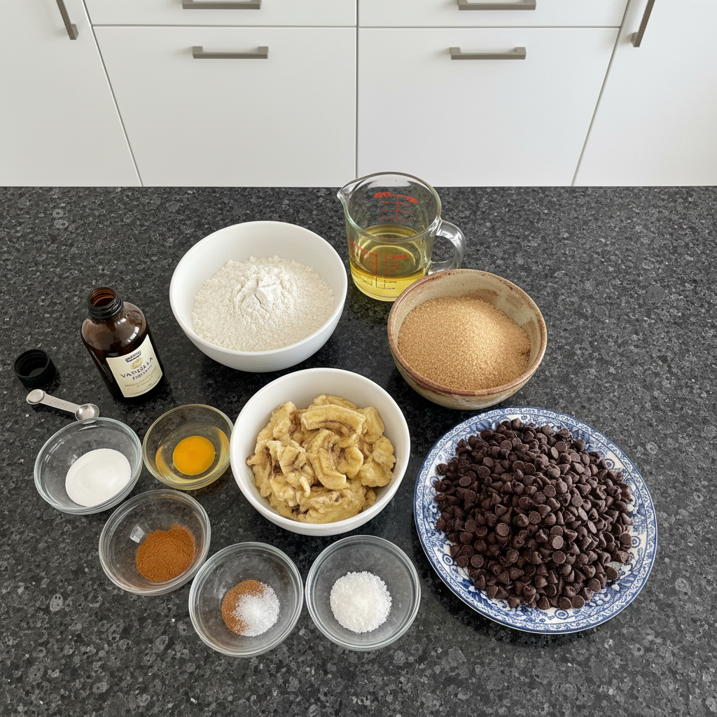 Ingredients for banana bread cookies: bananas, flour, sugar, spices, and butter.