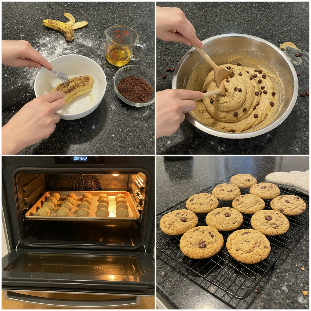 Mixing banana bread cookie dough in a bowl before baking.